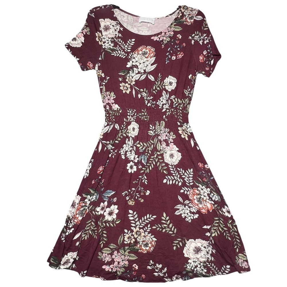 French Grey Women's Small Burgundy Floral Shirred Waist Knit Dress Short Sleeve